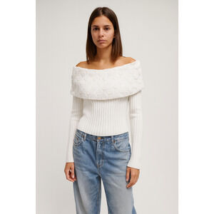 Y2K Womens Off Shoulder Sweater Size S Cream Foldover Neck Fitted Preppy Fairy